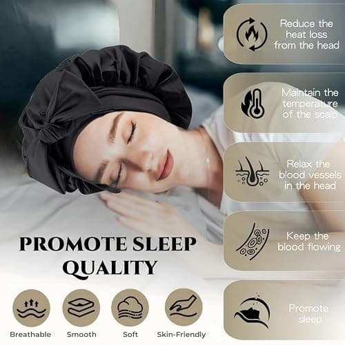 VECIIR Silk Bonnet for Sleeping Women, Ajustable Hair Bonnet for Curly Hair with Tie Band Shower Caps Black，Large thumbnail 2