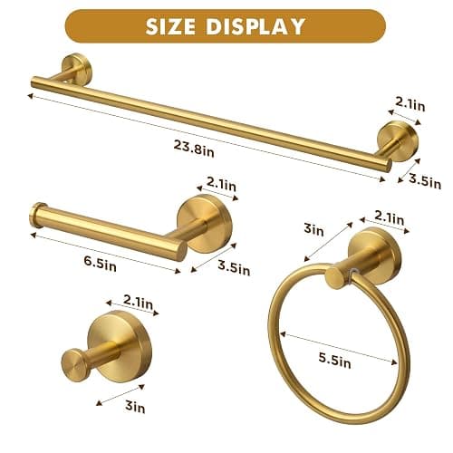 Gold Bathroom Accessories, 24” Towel Bar, Towel Ring Holder, Toilet Paper Holder and 3 Towel Hooks, Bathroom Hardware Set Wall Mounted thumbnail 3