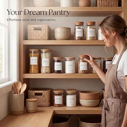 Livabl 420 UK Designed Pantry Labels for Jars - Stylish Minimalist Food White Labels Stickers for Jars | Kitchen Organisation - Durable Design for Long-Lasting Use | Includes Tea Coffee Sugar thumbnail 5