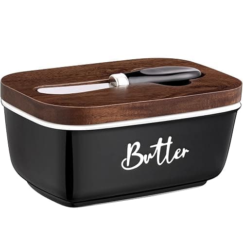 ALELION Black Butter Dish with Lid and Knife for Countertop - Airtight Ceramic Butter Keeper Container with Thick Acacia Wood Lid for Counter or Fridge - for Farmhouse Kitchen Decor and Accessories - Image 1