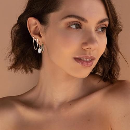 Gold Earrings Set for Women, 14K Gold Plated Stud and Cartilage Earring Sets for Multiple Piercing, Hypoallergenic Stackable Small Gold Huggie Hoop Earrings for Women Jewelry thumbnail 2