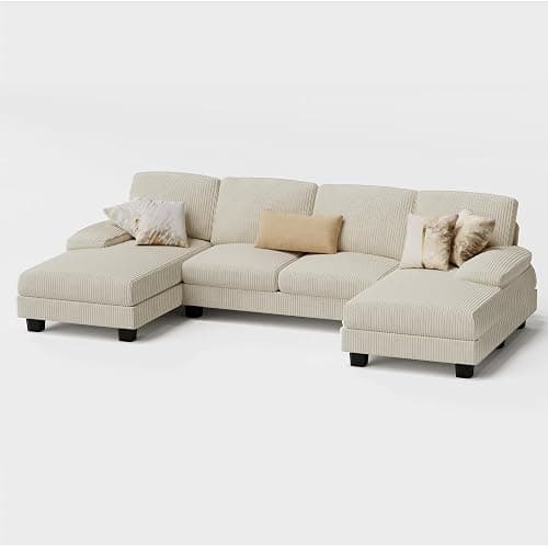 Furmax Sectional Couches for Living Room, Corduroy, Beige | U-Shaped Sofa Couch with Linen Fabric, 4 Seat Sofa Set with Double Chaise for Apartment thumbnail 8