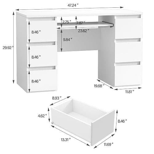 YESER Computer Desk with 6 Drawers, White PC Laptop Desk with Storage & Shelf, Modern Work Study Writing Table for Bedroom, Thick Wood Desks for Home Office, Vanity Makeup Desk, White - White thumbnail 3