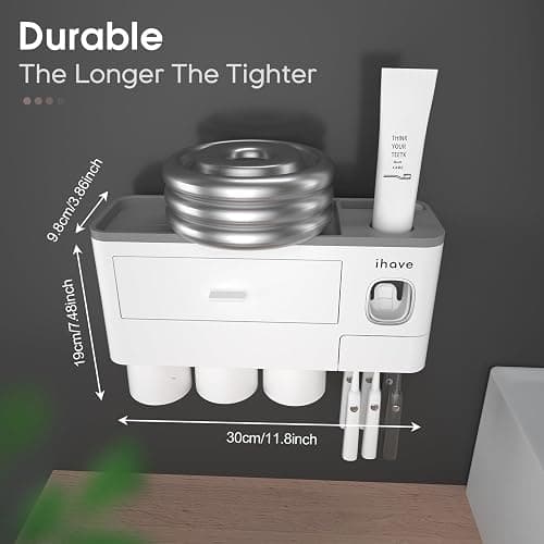 iHave Toothbrush Holder for Bathroom, 3 Cups Toothbrush Holder Wall Mounted with Toothpaste Dispenser - Large Capacity Tray, Cosmetic Drawer - Bathroom Accessories & Bathroom Organization Storage thumbnail 2