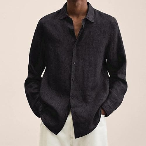 Mens Casual Linen Shirts Long Sleeve Button Down Shirt Hawaiian Vacation Tees Outdoor Plain Beach Collared Tops thumbnail 2