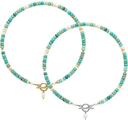 Jewelry Dainty Handmade Beaded Necklace, Turquoise and Pearl Beads, Turquoise Jewelry for Women - Image 1