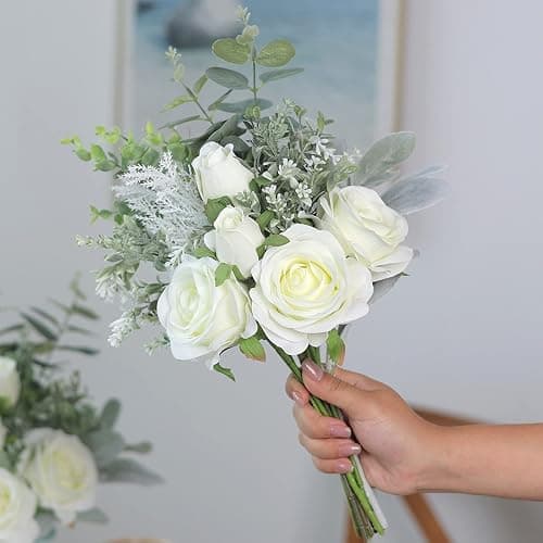 Faux Flowers with Vase,Artificial Silk Roses in Vase, Fake Plant Eucalyptus Flower Arrangement for Home Office Farmhouse Bathroom Dining Table Centerpiece Decorations Coffee Table Decor (White) thumbnail 7
