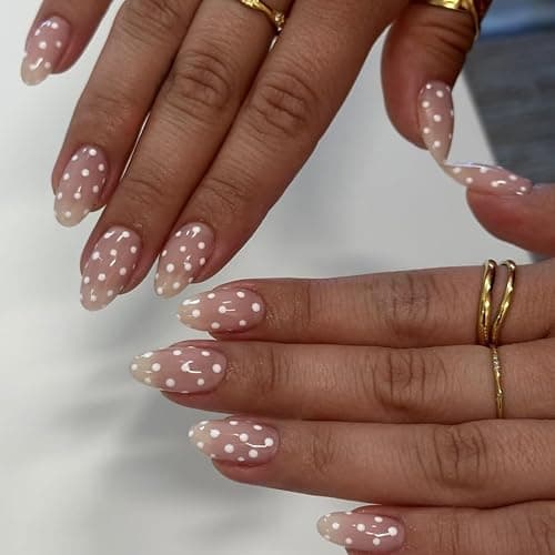 White Polka Dot Press on Nails Almond Fake Nails with Designs Medium Artificial Nails Glossy Cute False Nail Natural Gel Acrylic Glue on Nail Cute Stick on Fingernails for Women Girls 24Pcs - Image 1