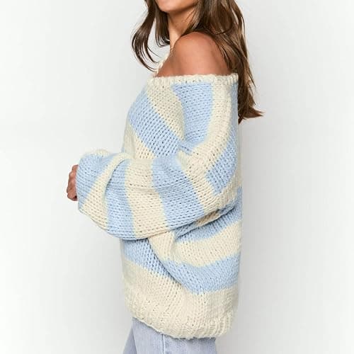 Women's Off The Shoulder Striped Sweaters Y2k Drop Shoulder Long Sleeve V-Neck Oversized Knit Pullover Tops thumbnail 5