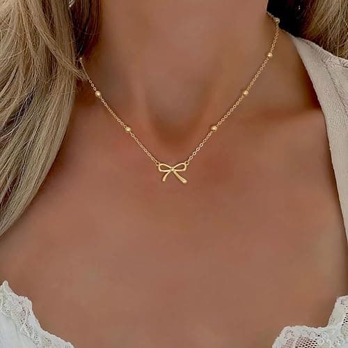 Thaivor Stocking Stuffers for Women Dainty Bow Necklace 14K Gold Plated Cute Choker Small Pendant Charm Necklaces Teen Gift Trendy Stuff Personalized Jewelry Christmas Gifts thumbnail 4