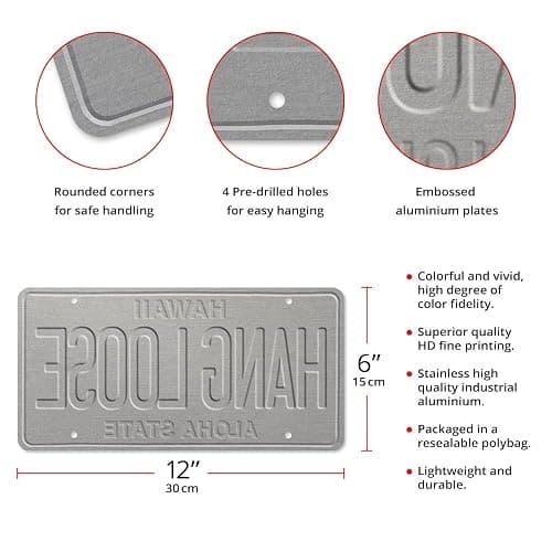 License Plate Hang Loose - Retro Vintage Hawaiian Embossed Aluminum License Plate - Aloha Hawaii State Aluminum Sign for Home Decor Wall Plaque 6 x 12 inch - Pacifica Island Art - Hang Loose thumbnail 2