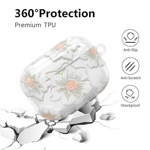 AIIEKZ Compatible with AirPods Pro Case Cover 2019, Soft TPU Case with Cute Flower Pattern for AirPods Pro 1st Generation Case with Flower Keychain and Carabiner for Girls Women (White) thumbnail 3