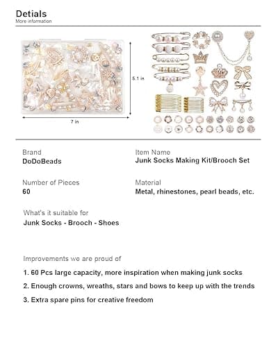 DoDoBeads 60 Pcs Junk Socks Charms Kit, Gold Brooches and Pins for Women, Pearl and Rhinestone Sock Charms with Safety Pins, DIY Accessories for Decorating and Personalizing Socks thumbnail 3