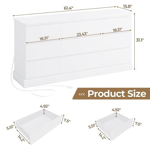 Hasuit Modern White Dresser for Bedroom with 9 Drawers, 61.4"Wide Dressers Chest of Drawer with Large Capacity Storage, Long Dresser TV Stand with Power Outlets, Sturdy Storage Cabinet for Living Room thumbnail 2