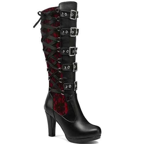 KysBloes Women Lace Goth Knee High Boots Buckle Block Heel Lace Up Knee Length Boots Punk Platform Tall Boots thumbnail 9