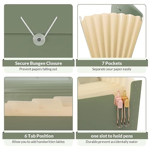SKYDUE Accordion File Organizer, Expanding File Folder with 7 Pockets, Portable Receipt Paper Bill Document Organizer, Letter/A4 Size Filing Folder School Office Supplies, MossGreen thumbnail 4