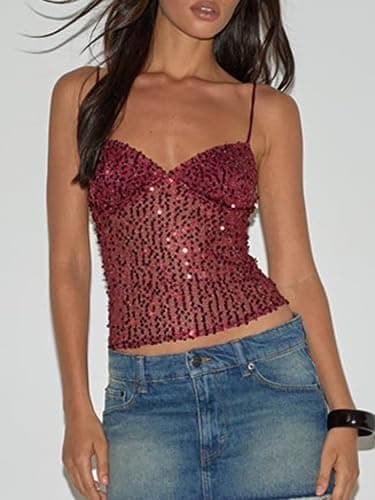 Seyumixi Women Sparkly Cami Top Sequin Spaghetti Strap Glitter Crop Top Sleeveless Going Out Tops Party Concert Outfits thumbnail 3