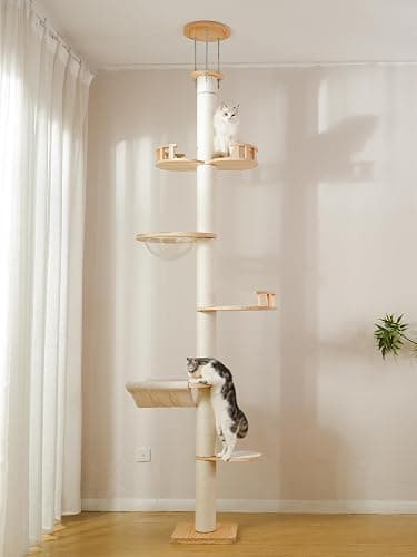 Floor to Ceiling Cat Tree, 5-Tier Adjustable Height(88-126in) Solid Wood Climbing Tower with Sisal Scratching Post, Transparent Capsule and Cozy Hammock - Image 1