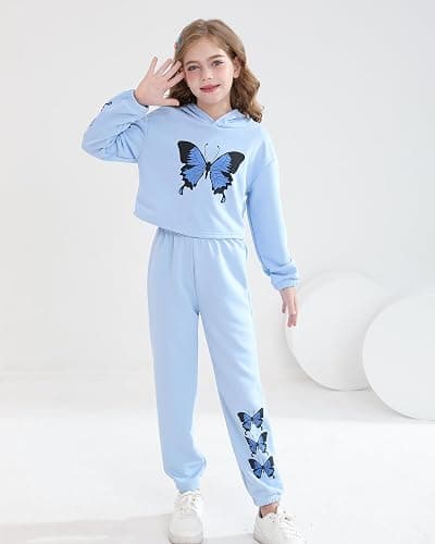 YOURUIKEY Girls' Clothing Set Butterfly Print Crop Top Hoodies Sweatpants 2 Piece Outfits Kids Sweatsuit Tracksuit Jogger Set thumbnail 4