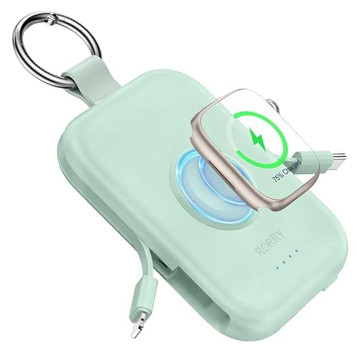 RORRY Portable Charger, 5000mAh Portable Charger Power Bank with Built-in Cables, Travel Keychain Battery Pack for Apple Watch Ultra/11/10/9/8/7/6/SE, iPhone Air/17/16/15/14/13/12, Green - Image 1