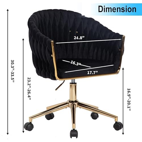 Comermax Velvet Office Chair with Hand Woven, Black Vanity Chairs with Golden Wheels, 360° Swivel Home Office Desk Chair Computer Chairs, Accent Chair Makeup Chair for Bedroom, Living Room(Black) thumbnail 3