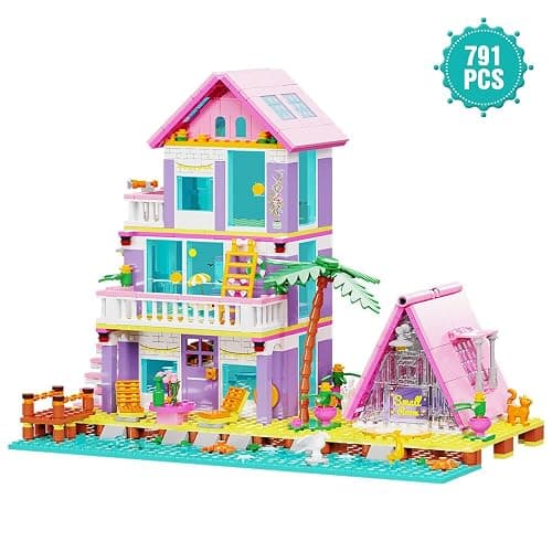 Girl Beach House Building Blocks Toys for Girls Age 8+, Seaside Villa Friends Building Set with Light, 791pcs Mini Bricks - Pink thumbnail 4