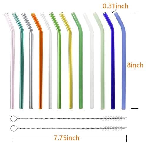 12 Pack Reusable Glass Straws - 8" x 8 MM, Bent Glass Drinking Straws with 2 Cleaning Brushes, Reusable Straws for Smoothies, Milkshake, Frozen Drinks, Tea, Juice thumbnail 3