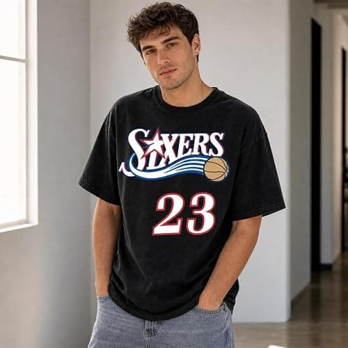 NICHEBEE Philly Basketball Fan Jersey-Style Retro City Hardwood Graphic Tee | Soft Heavyweight Cotton, Crack-Resistant Print, True-To-Size Unisex Fit, Back Print Number thumbnail 3