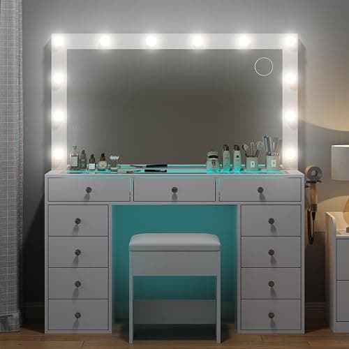 CollaredEagle Makeup Vanity Desk with RGB Lights, 47.2'' Mirror, 11 Drawers | RGB Lights, 47.2'' Mirror, 11 Drawers, 3 Light Colors, 5 Brightness Levels, Charging Station, White thumbnail 5