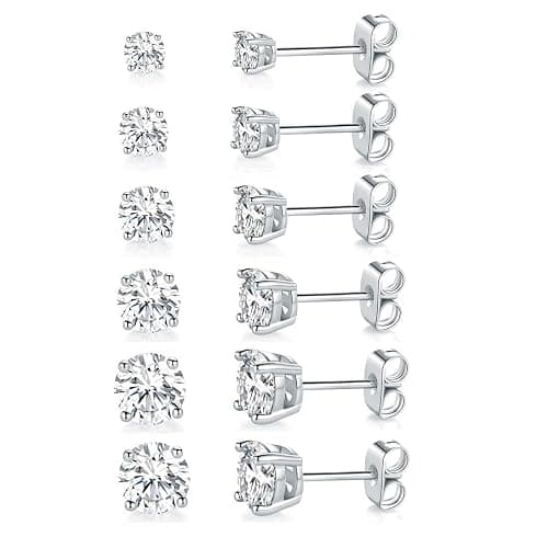 18K White Gold Plated 4 Pong Round Clear Cubic Zirconia Stud Earring Pack of 6 Pairs (6 Pairs) - Image 1