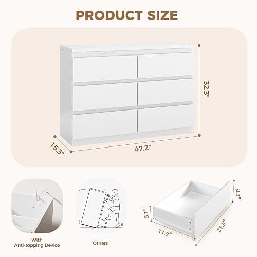 Orgobysol 6 Drawer Double Dresser for Bedroom, Modern Simply Chest of Drawers, Wood Storage Dresser with Anti-Tipping for Living Room Hallway Entryway, Nursy White (15.3" D x 47.2" W x 32.3" H) thumbnail 2