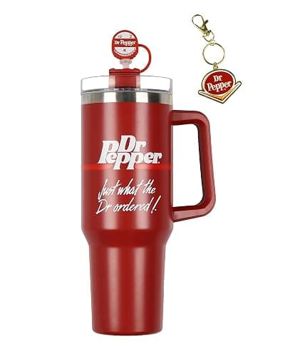 Culture Fly Dr Pepper 30-oz Stainless Steel Tumbler Cup Set with Handle Straw Cover Topper Retro Logo Keychain Insulated Travel Mug - Image 1