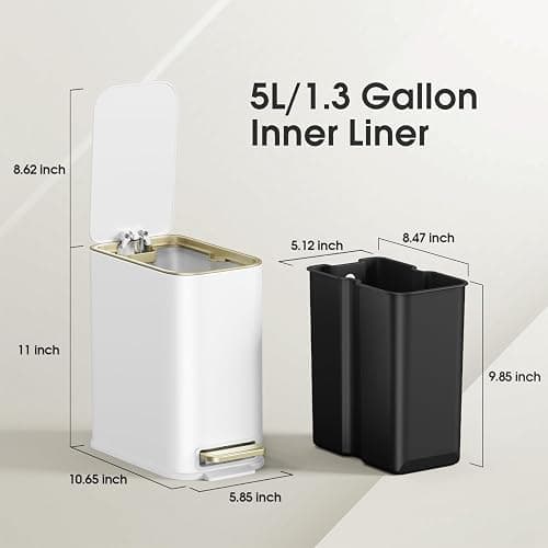 GibHerz Small Bathroom Trash Can with Lid Soft Close, 5L / 1.3 Gallon Slim Garbage Can with Removable Inner Bucket, Step Stainless Steel Trash Bin for Office, Bathrooms, Bedroom, Living Room (White) thumbnail 3