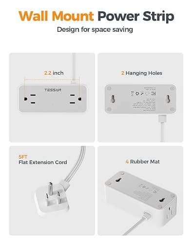 TESSAN Flat Plug Extension Cord 5 FT, Surge Protector Power Strip with 4 AC Outlets 1 USB C and 2 USB A Ports, 900 Joules Protection, Multiple Wall Outlet Extender Suitable for Home Office Dorm thumbnail 7