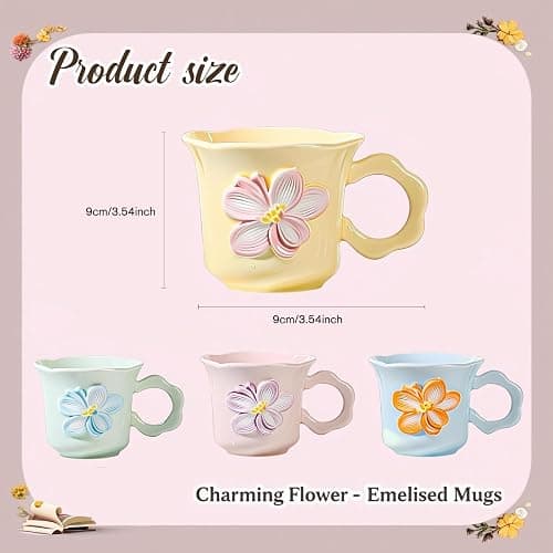 LGQ Cute Floral Coffee Mug Set of 4-12oz Ceramic Flower Embossed Cups with Petal Handles, Dishwasher and Microwave Safe thumbnail 3
