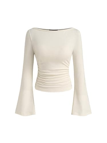 CIDER Boat Neck Solid Ruched Long Sleeve Tee - Image 1