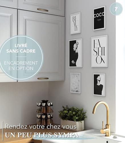 Papierschmiede® Set Mood Posters, Tableau Décoration Murale sans cadres « Coco Black Beauty » Bureau, Salon, Deco Chambre Parentale, Cuisine, 2x A4 et 4x A5, noir blanc rose mode thumbnail 4