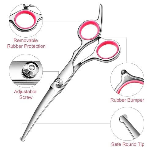 FAIGEO Dog Grooming Scissors with Safety Round Tips Stainless Steel Professional Dog Grooming Kit - Thinning, Curved Scissors and Comb for Cat Pet (Pink 4 in 1) thumbnail 2