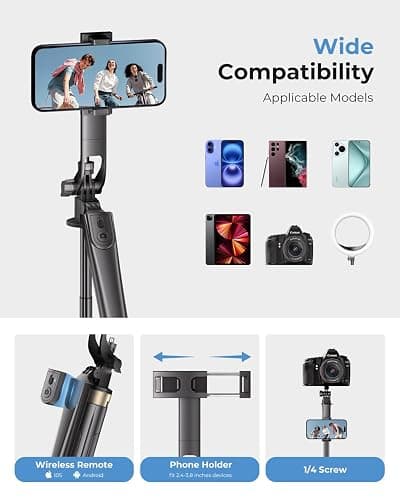 72" Phone Tripod, Tripod for iPhone with Wireless Remote Control, Portable Selfie Stick for iPhone, Live Streaming, Video Recording, Compatible with Cell Phones, Cameras thumbnail 6