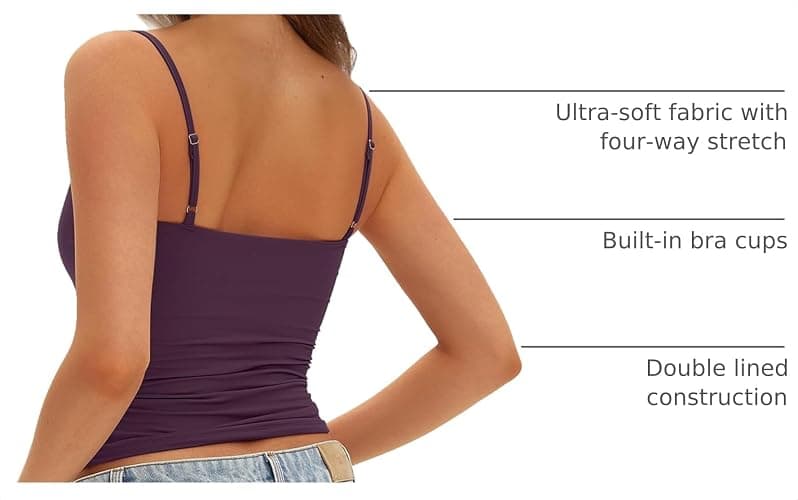 Women's Double Lined Tank Top with Bulit in Bra Adjustable Spaghetti Straps Sleeveless Basic Camisole Shirts thumbnail 4