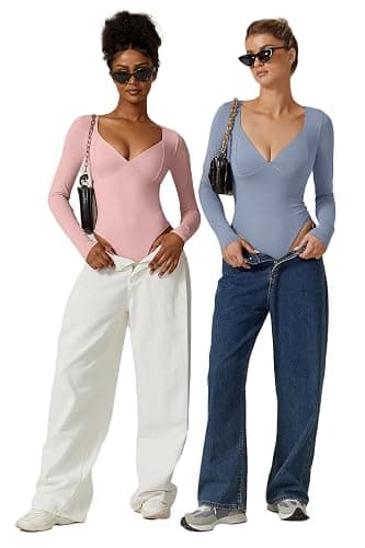 QINSEN Women's Long Sleeve Bodysuit V Neck Body Suits Seamed Cup Going Out Tops Shirt thumbnail 5