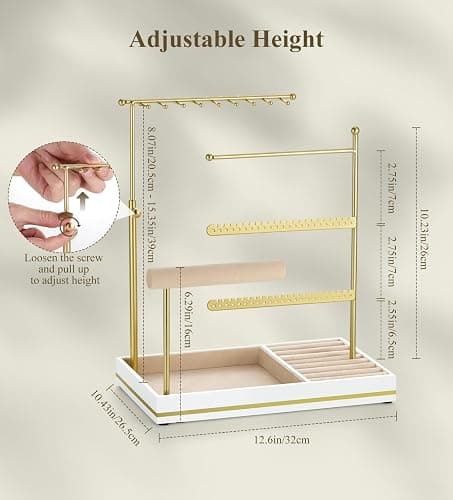Emibele Jewelry Holder, Jewelry Organizer Stand Necklace Earrings Bracelet Holder, 5 Tier Jewelry Display Tower Rack with Metal Frame and Velvet Ring Tray, Aesthetic Jewelry Stand Gift for Women, Gold thumbnail 2