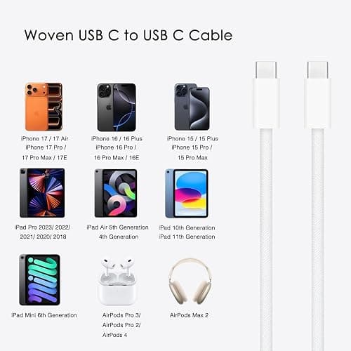 Airpods Pro 2nd/3rd Gen Charger, 20W USB-C Airpods 4 Charging Cord, USB C to usb c Woven Cable for NEW AirPod Pro 3 (2025), Max 2 Wireless Earbuds, iPhone 17/17E/16/16E/15 Charging Cord Power Adapter thumbnail 3