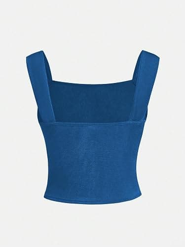 OYOANGLE Girl's Sleeveless Square Neck Cute Tops Wide Straps Ruched Solid Crop Tank Top Summer Clothes thumbnail 2