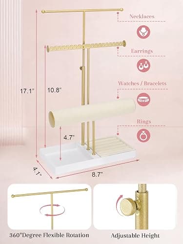 Jenseits 3-Tier Jewelry Holder Organizer:17.1" Adjustable Hanger, Velvet Ring Tray, Metal Aesthetic Display Stand for Necklaces, Earrings, Bracelets, Watches, Gold Jewelry Storage Tower Tree for Women thumbnail 3
