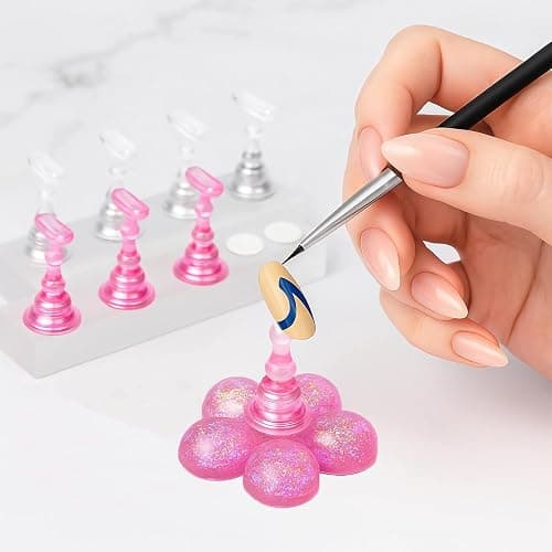 Nail Stand for Press On Nails – 2 Set Acrylic Nail Holders for Nail Art Practice, 10 Nail Stands, 60Pcs Reusable Putty, Flower Shaped Base & Tweezers, Nail Art Tool Kit for Salon & Home thumbnail 5