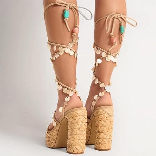 FYS Women's Strappy Platform Sandals Shell Embellishemnt Shoes | Chunky Block High Heels Lace Up Shell Decorated Ankle Strap Dress Shoes for Summer Vacation Resort Wear thumbnail 2