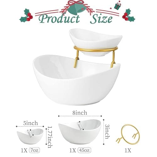 Miamolo Porcelain Serving Bowl Set for Appetizer Serving Dishes Set with 2 Compartment, Chip and Dip Taco Rack Display Salad Bar Serving Set, Gold Stand thumbnail 3