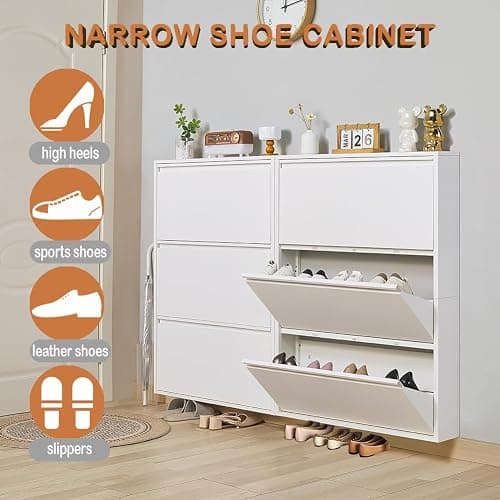 iCHENGGD Shoe Storage Cabinet with 3 Flip Drawers, Hidden Slim Narrow Shoe Rack Cabinet, Wall Mount Metal Shoe Cabinet for Entryway, White thumbnail 6