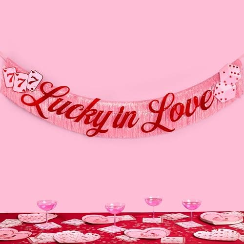 xo, Fetti Lucky in Love Fringe Banner - Red Foil & Pink Iridescent, 5 Ft. | Western Bachelorette Party Decoration, Vegas Sign, Casino Photoshoot Backdrop, Cute Cherry Decor - Image 1